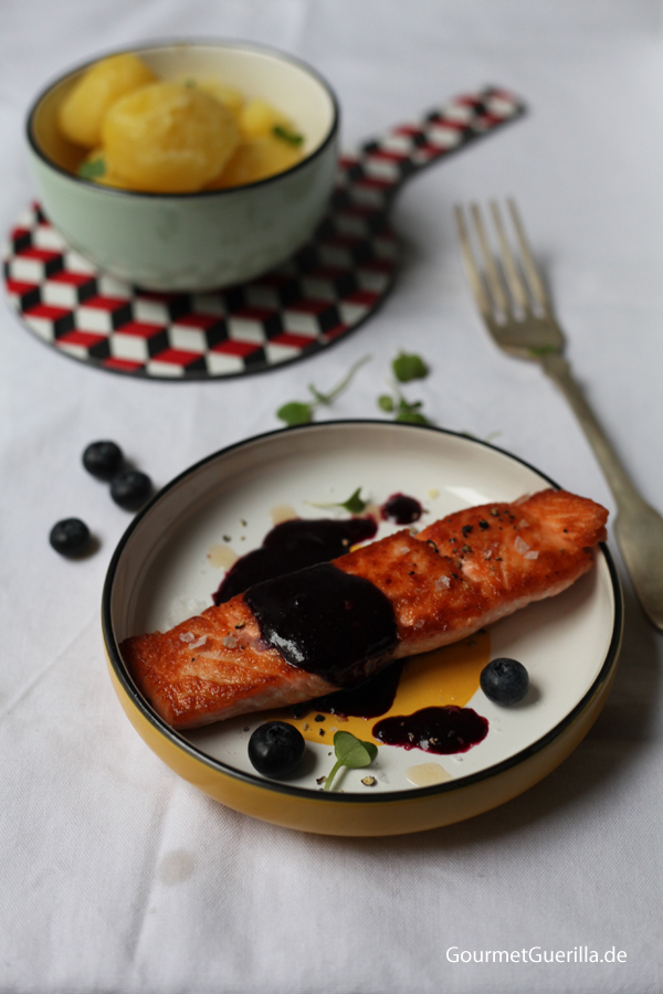 Salmon with tart red blueberry sauce #recipe #gourmet guerrilla